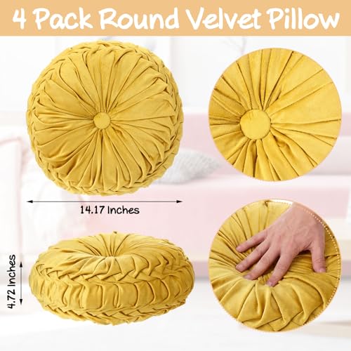 Kathfly Set of 4 Decorative Round Pleated Throw Pillows, Classy Velvet Pumpkin Round Throw Pillows, Decorative Floor Pillow for Bed Chair Home Sofa Decor, 14" Diameter(Pastel Color) - color: Pastel Color