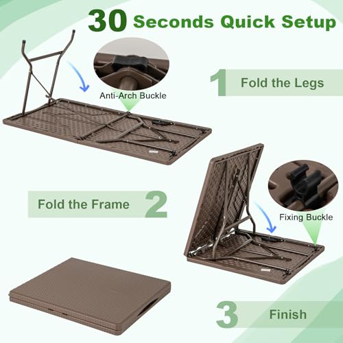 Tangkula 5FT Folding Table, Indoor Outdoor Foldable Plastic Table with Rattan Textured HDPE Tabletop, Sturdy Metal Fame, Carrying Handle, 4-6 Person Picnic Table for Camping BBQ Party - color: Coffee, size: 60 in, style: Classic