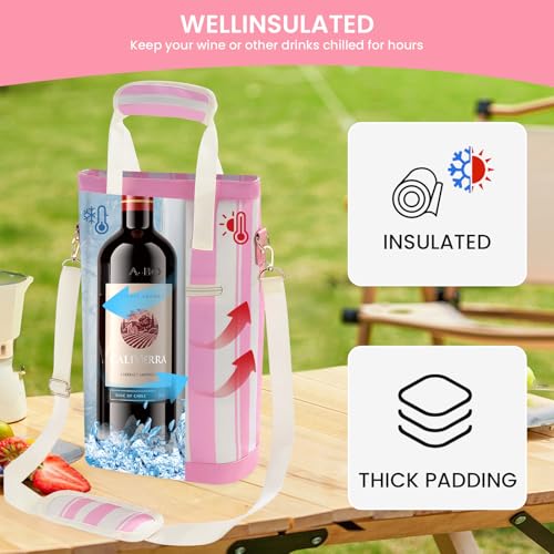BLUBYEES 2-Bottle Insulated Wine Carrier Tote - Leakproof Padded 900D Oxford Wine Cooler Bag for Travel, Picnics, Beach & Parties - Ideal Wine Gift for Wine Lovers - color: Sakura Pink