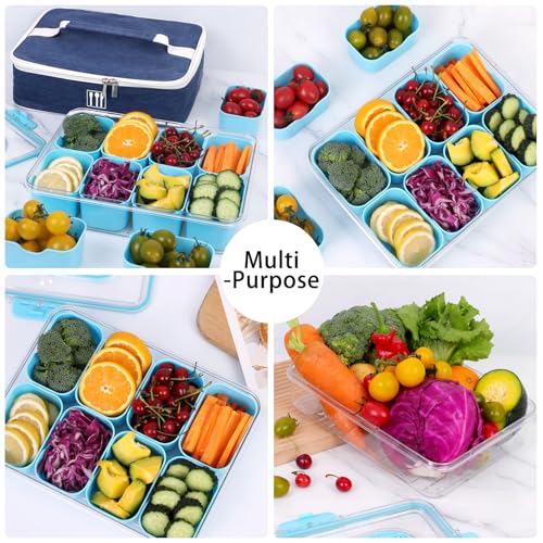 Snack Box Container with Insulated Cooler Bag, Divided Serving Tray with Lid and Handle Beach Essentials, Snackle Box Veggie Fruit Tray with 8 Compartments & 8 Forks & 2 Spoon Blue - size: Blue