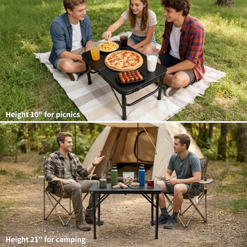 2FT Small Camping Portable Table, Black Aluminum Frame, Adjustable Height up to 21", Lightweight Carry Handle, Portable for Travel, Camping Outdoor Use - size: 2 ft × 1.3 ft × 1.78 ft H