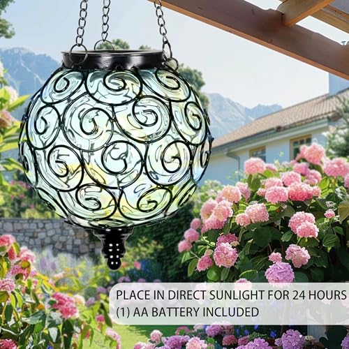 Solar Hanging Lantern Outdoor Garden Lights, Round Glass and Metal Hanging Lantern, 15 Firefly LED Lights, 7 x 20 Inch (Clear) - color: Clear