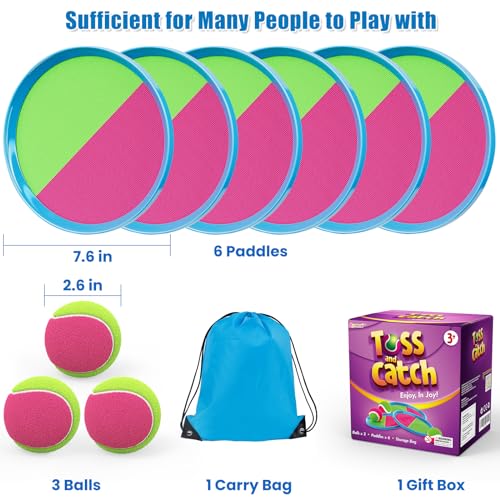 Aywewii Toss and Catch Ball Set Game Kids Outdoor Toys for Beach Pool Yard, Birthday Gift for Boy Girl Ages 3 4 5 6 7 8-12 Year Old, Outside Family Party Camping Games, 6 Paddles 3 Balls & Carry Bag