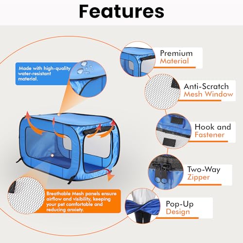 Beatrice Home Fashions Portable, Collapsible, Pop Up Kennel Travel Cat and Dog Crate, 24" L x 16.6" W x 16" H, Blue - color: Blue, size: 24.0"L x 16.6"W x 16.0"H