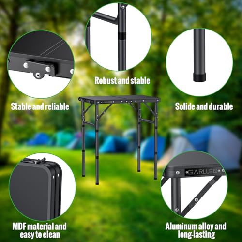 GARLLEN 2ft Folding Camping Table, 3 Adjustable Height Lightweight Folded Picnic Table, Portable Aluminum Grill Table for Camping, BBQ, Outdoor, 22.8" L x 15.7" W, Black - color: Black, size: Tabletop Size: 22.8"L x 15.7"W