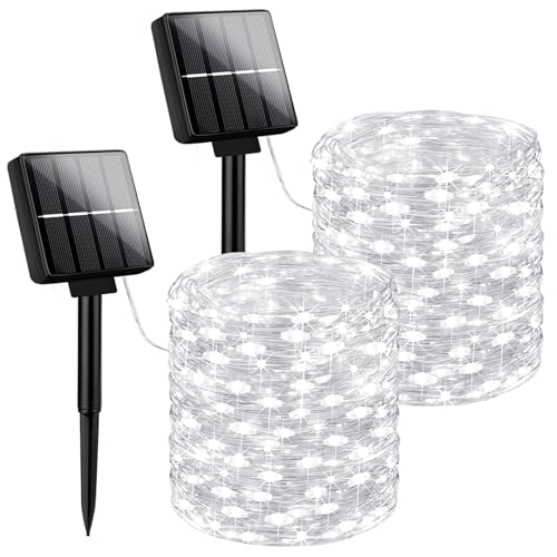 Brightever Solar String Lights, 2-Pack Total 80FT 200LED Solar Fairy Lights with 8 Lighting Modes, Solar Lights Outdoor Waterproof for Christmas Wedding Party Tree Yard Decoration (Daylight White) - color: White, size: 2Packs（40FT 100LED）