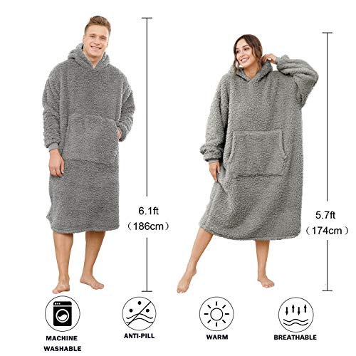 Sherpa Wearable Blanket Oversized Hoodie Sweatshirt TV Blanket with Long Sleeves and Pocket-Gray - color: Gray