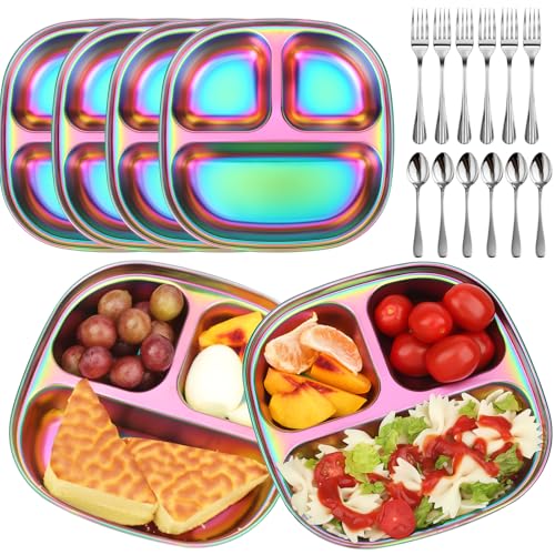 VZZNN 6 Pack Stainless Steel Kids Plates,Toddler Plate with Lid and Cutlery,Suitable for Family Gatherings, Kindergartens, Outdoor Activities and Travel(Colorful)