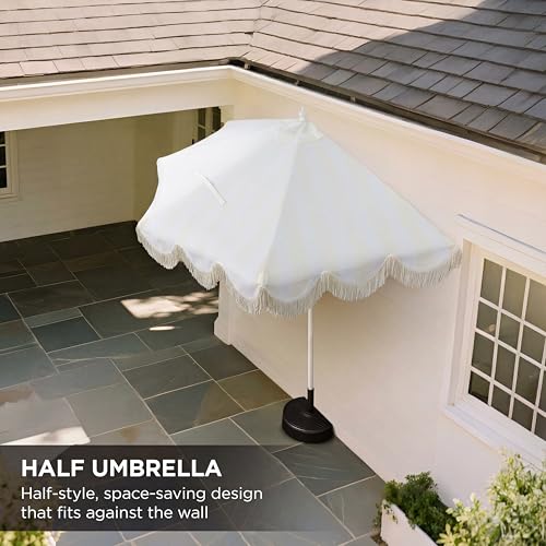 JONATHAN Y Half Umbrella UMB1201K Beverly 9 ft. Designer Classic Scalloped Fringe Market Patio with Crank, Tilt Button and UV Protection in Cream/White, White Pole - color: Cream/White - White Pole