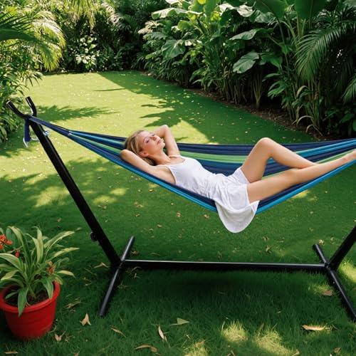 Sweetcrispy Double Hammock with Space Saving Steel Stand Heavy Duty 2 Person Standing Hammocks 450lb Capacity for Outside Garden Yard with Portable Carrying Bag, Blue