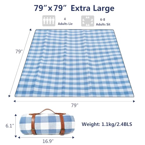 79”x79” Picnic Blanket Extra Large, Waterproof and Foldable Beach Blanket, 3-Layer Outdoor Blanket for 6 to 8 Adults, for Camping, Park, Beach, Grass, Indoors - color: Blue and White Grids