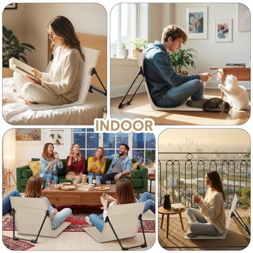 Jetec Foldable Floor Backrest Chair Portable Camping Chair with Storage Bag Light Weight Lazy Seat for Indoor Outdoor Bed Ground Park Lawn Concerts Beach Hiking - color: Beige, size: X-Large