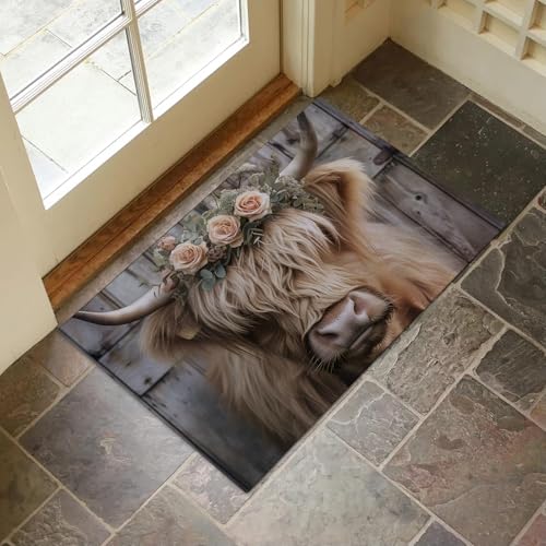 Highland Cow Floral Crown Indoor Door Mat for Entryway, 17x29.5 Inch, Rustic Farmhouse Floor Doormat for Home Decor, Non-Slip Rug Mat for Living Room, Kitchen, Bedroom, Gifts for Animal Lovers - color: Color64