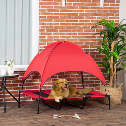 PawHut Elevated Dog Bed with Removable Canopy, Outdoor Dog Cot with UV Protection Canopy Shade, 48 inch Large Pet Bed for Camping, Red - color: Red, size: 48 inch