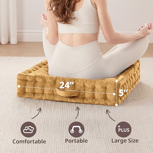 Intelligent Design Large Floor Pillow for Adults Yoga or Meditation Cushion with Handle, Floor Cushion for Board Games, Lustrous Chenille Tufted, Handsewn Scalloped Edge, Azza, 24" x 24" x 5" Yellow - color: Square Yellow With Handle, size: 24"W x 24"L x