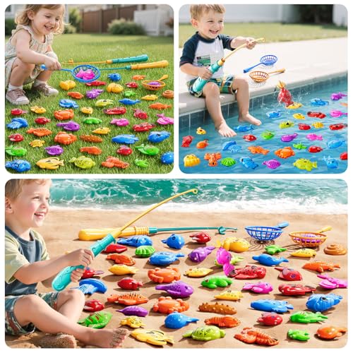 JUKUDAHU Magnet Fishing Game for Kids 3 4 5 6 7 8 Years Old - Pool Bath Toys for Toddlers, Pole Rod Net, Floating Fish Toys, Outdoor Party Toys for Boys Girls Kids Age 3-8 8-12 Year Old - style: 55 Magnet Fishing Toy