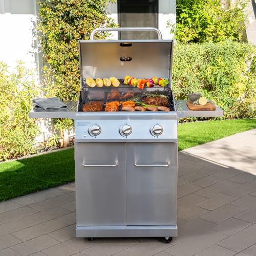 Nexgrill Stainless Steel 3-Burner Propane Gas Grill w/Foldable Side Shelves, 40,500BTUS, 591.05 sq. in. Cooking Area, Perfect for Outdoor Cooking & Grilling, BBQs, Backyard, Tailgating, 720-0830MN - style: 3-Burner