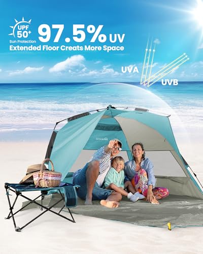 OutdoorMaster Beach Tent Sun Shelter for 3-4 Person, Pop Up Beach Tent Easy Setup with Sandbags, Portable Sun Shade Canopy with Carrying Bag for Beach & Outdoor, UPF50+ UV Protection, Family Size - color: Cancun Seashore, size: X-Large
