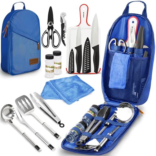 Wealers Camp Kitchen Cooking Utensil Set Travel Organizer Grill Accessories Portable Compact Gear for Backpacking BBQ Camping Hiking Travel Cookware Kit Water Resistant Case - color: 12 Pieces Blue