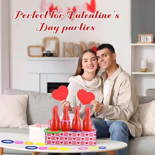 45 Pcs Valentine Bottle Toss Game Bowling Set Galentines Day Ring Toss Games Pink Red Hearts Box 12 Plastic Bowling Pins 32 Throw Rings for Holiday Party Backyard Outdoor Activity Carnival Game