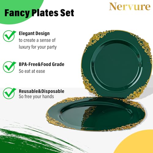 Nervure 350PCS Green Plastic Plates - Green Gold Plastic Dinnerware Sets for 50 Guests - 100 Disposable Plates, 150 Gold Silverware, 50 Cups, 50 Napkins Perfect for Wedding & Party - color: Green and Gold