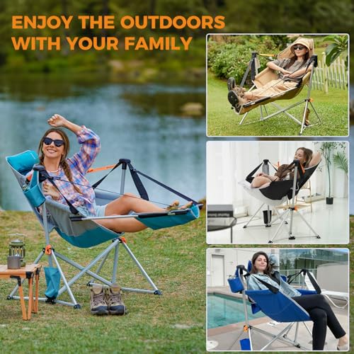 KingCamp Hammock Chair with Footrest – Heavy Duty Swinging Rocking Camping Chairs for Adults up to 400lbs, Folding Portable Oversized Rocker with Cup Holder & Pillow for Outdoor Beach Lawn RV Sports - color: Footrest Deluxe Cyan/Grey