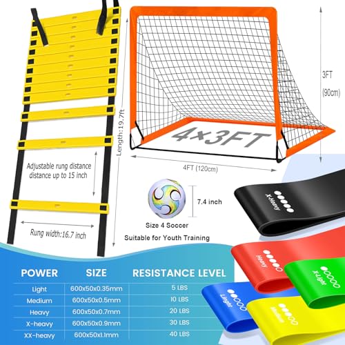 Soccer Goal for Backyard, 4'x3' Pop Up Football Goal, Target Practice for Young, Optional Soccer Equipment with Portable Goal, Soccer Training Mat/Cones/Resistance Bands/Agility Ladder - style: Goal*2, Resistance Bands Set*1, 20FT & 12 Rungs Agility Ladde