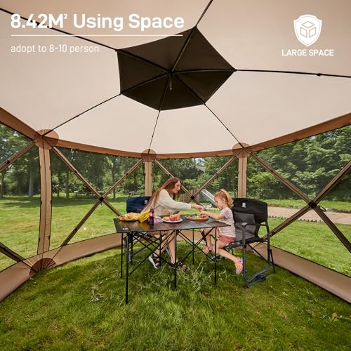 EVER ADVANCED Pop Up Gazebo Screen House Tent for Camping 11.5 ft for 8-10 Person Instant Canopy Shelter with Netting Portable for Outdoor, Backyard, Brown - color: Brown