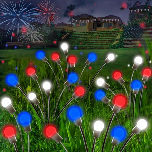 4th of July Decorations, 6 Pack Solar Firefly Lights Outdoor, 36 LED Waterproof Patriotic Decor Garden Lights with 2 Modes for 250th Anniversary National Yard Path Decorations (Red White and Blue) - color: Red White and Blue, size: 6 Pack