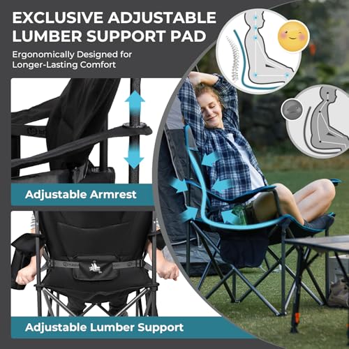 FUNDANGO Oversized Camping Chair for Adults, Heavy Duty Portable Foldable Lawn Chair with Padded Seat & Back, Lumbar Support, 4-can Cooler & Cup Holder, Carry Bag Included for Outdoor - color: Black With Lumber Support 1 Pack