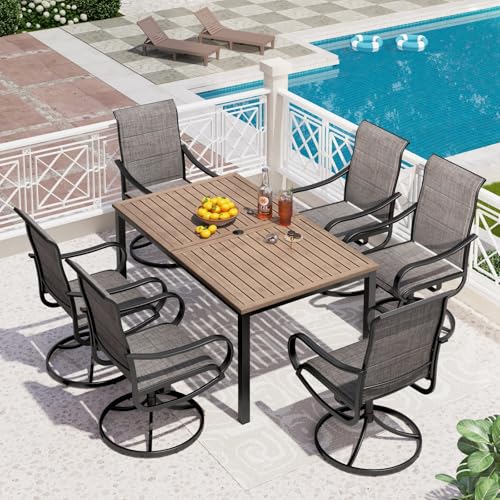 PHI VILLA Patio Dining Set for 6, Padded Textilene Swivel Dining Chairs & Brown Metal Slat Table Top with 1.6" Umbrella Hole, Rustproof Waterproof for All Weather,Outdoor Dining Set for Garden Yard - color: Brown Padded Fabric, size: 64"L x 38"W x 28"H-Me