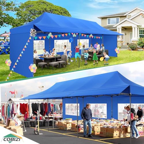 COBIZI 10x30 Pop Up Canopy Tent with Awning & Sidewalls, Heavy Duty Commercial 10X30 Canopy Tents Instant Waterproof, UPF 50+ Sun Shade for Outdoor, Parties, Markets (Blue) - color: Blue, size: 10x30FT with 5 Sidewalls & 3 Awning Cloth