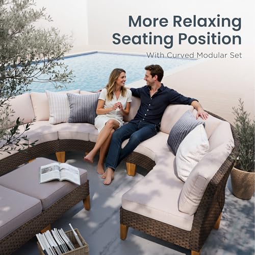 PHI VILLA Half Moon Patio Furniture Set with 56" Fire Pit Table, Outdoor Curved Wicker Sectional Sofa with Cushions and Ottomans, Beige - color: Beige+fire Pit, size: 5 Seats - Half Moon