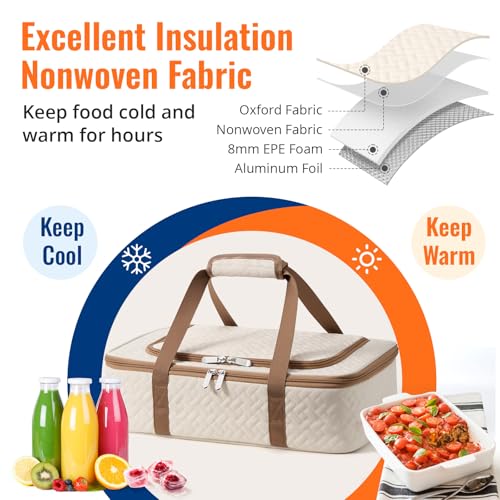 Insulated Casserole Carrier - Portable Casserole Carrier for Hot or Cold Food, Lasagna Holder for Parties,Picnic,Cookouts,Traveling - Fits 9" x 13" Baking Dish (Beige) - color: Beige