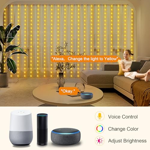 ZAIYW WiFi Smart RGB Color Changing Curtain Lights - 600 LED, Compatible with Alexa, App Control, Music Sync, Plug in for Christmas Wedding Outdoor Decor - color: RGB&IC, size: 20Ft x 10Ft