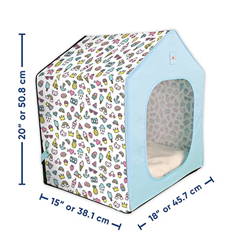Pawtitas Portable Dog House for Small and Medium Dogs Comes with A Removable Cushion Pet Bed Mat Pillow | Anti-Slip Pad Under The House | Easy to Install, No Tools Or Screws are Required - Teal Comic