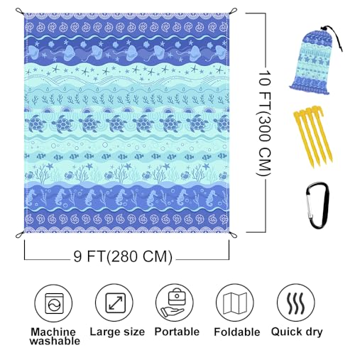 Beach Blanket Waterproof Sandproof Oversized 9 Ft X 10 Ft Sand Free Extra Large Beach Mat with 4 Corner Pockets and Stakes Lightweight Portable for Beach Picnic Travel Camping Outdoor - color: Marine Life, size: 9 X 10 FT(1-8 Person)