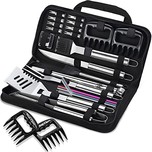 ROMANTICIST 27pcs Heavy Duty Grilling Gifts for Men Dad Fathers Day, Extra Thick BBQ Accessories Tools Set, Stainless Steel Grill Utensils Kit with Meat Claws, Canvas Bag for Outdoor Camping Silver - color: Silver