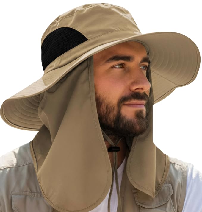 GearTOP Wide Brim Sun Hat for Men & Women, UPF 50+ Fishing Hat with Detachable Neck Flap & Face Cover Gardening Boonie Sunhat - color: Khaki With Flaps
