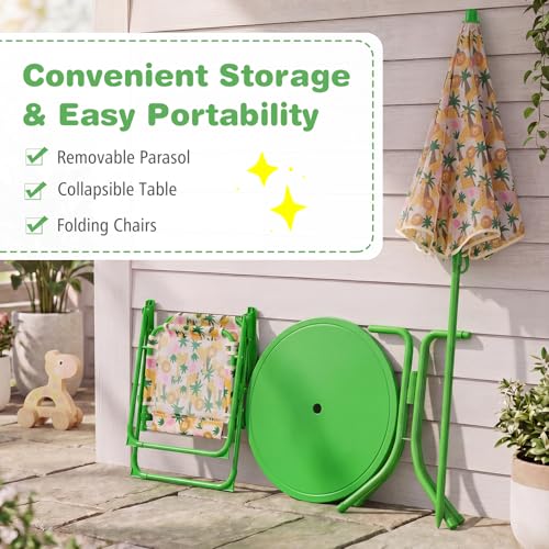 KOTEK Kids Picnic Table with Umbrella, Outdoor Table & 2 Folding Chairs, Cute Pattern Children’s Patio Furniture, Portable Kids Table and Chair Set for Backyard, Garden, Beach (Green Forest) - color: Green Forest