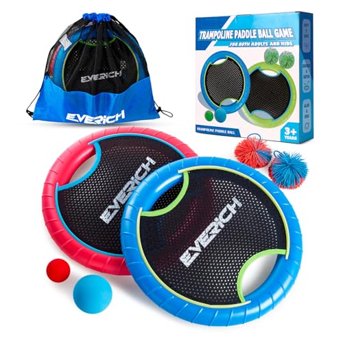 Trampoline Paddle Ball Set with 2 Bouncy Paddles & 2 Balls - Soft Foam Design for Kids Play Indoor Outdoor Beach Backyard Lawn - Great Gift Idea for Boys & Girls - color: Foan Blue Red, size: 2 Paddles 2 Balls