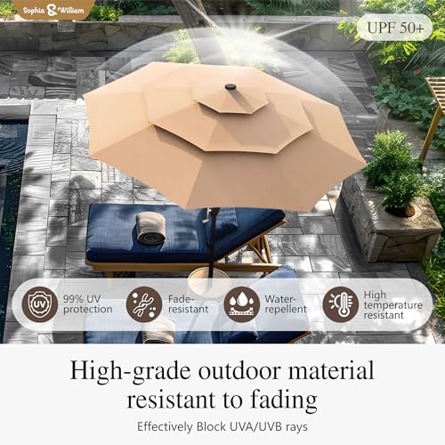 Sophia & William 10ft Patio Umbrellas 3-Tier Umbrella Outdoor Patio Umbrellas with Lights Vented Top 24 LED lights Adjustable Tilt for Pool Garden Backyard, Beige - color: Beige