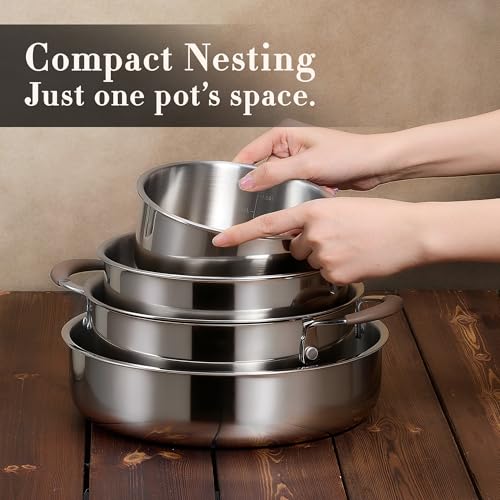 CAROTE 13 PCS Tri-Ply Stainless Steel Cookware Set with Detachable Handle, Pots and Pans Set, Induction Kitchen Cooking Sets, RV/Camping Cookware, Oven Safe - color: Silver, size: 13 PCS
