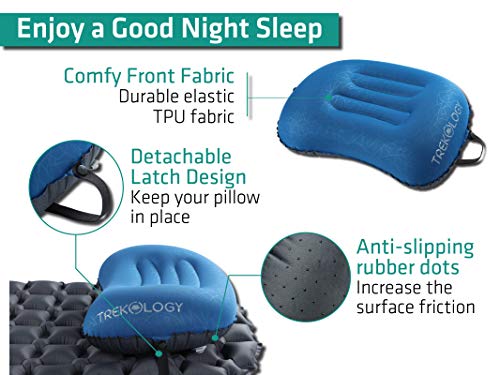 TREKOLOGY Ultralight Inflatable Camping Travel Pillow - ALUFT 2.0 Compressible, Compact, Comfortable, Ergonomic Inflating Pillows for Neck & Lumbar Support While Camp, Hiking, Backpacking - color: Navy Blue