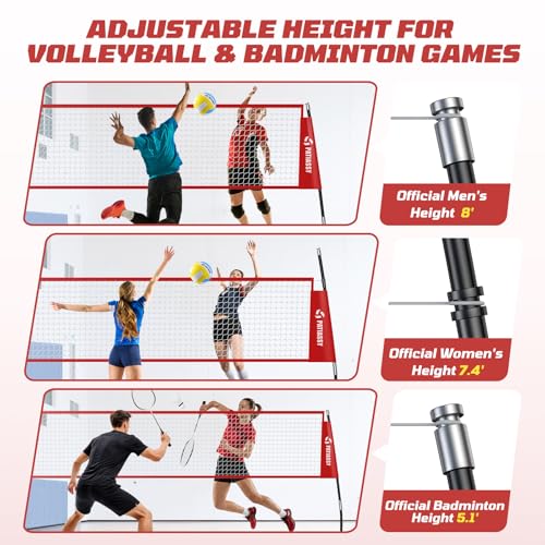 Volleyball Badminton Net Set Combo, 14FT Portable Net System with 5.1FT–8FT Adjustable Height, Backyard Outdoor Game Set with 4 Aluminum Rackets, 3 Shuttlecocks for Lawn Beach Indoor Outdoor Play