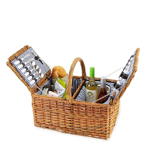 Twine Cape Cod Wicker Basket with Insulated Compartments, Service for 4 – Includes Silverware, Plates, Napkins, Wine Glasses, Shakers, and Corkscrew, Perfect for Picnic, Outdoor Party - style: Cape Cod Picnic Basket
