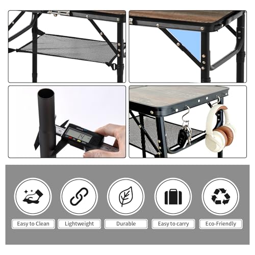 Folding Picnic Table 2ft Portable Camping Table Adjustable Heights Metal Aluminum Lightweight Foldable Small Outdoor Card Table with Carry Handle for Outside Indoor Camp Cooking BBQ Beach - color: Wood Grain