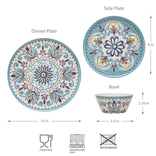 Bzyoo 12-Piece Melamine Dinnerware Set - Madallion | Lightweight, Durable, BPA-Free | Dishwasher Safe Dish Set for Indoor & Outdoor Use - Perfect for Camping, BBQs, Kids Parties - color: Madallion
