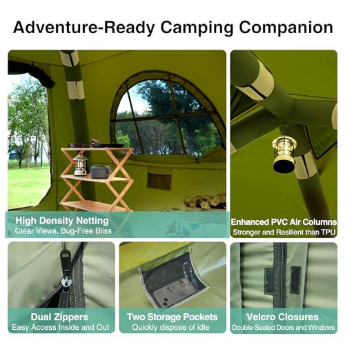 KNUO Inflatable Camping Tent, Large Blow-Up Air Tent, No Assembly Needed Luxury Glamping House, Oxford Fabric - color: Field Green-Dual-layer Doors, size: 7.8x7.8ft