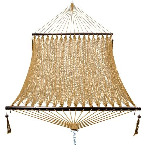 PNAEUT 2 Person Caribbean Rope Hammocks for Outside, 12ft Handwoven Polyester Double Hammock with Spreader Bar for Outdoor Indoor, Max 600 lbs Capacity (Tan) - color: Tan